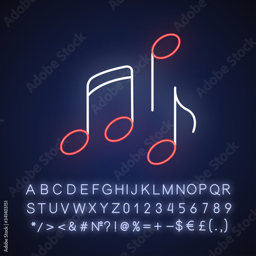 Musical neon light icon. Outer glowing effect. Sign with alphabet, numbers and symbols. Traditional movie genre, artistic cinematography. Music notes vector isolated RGB color illustration