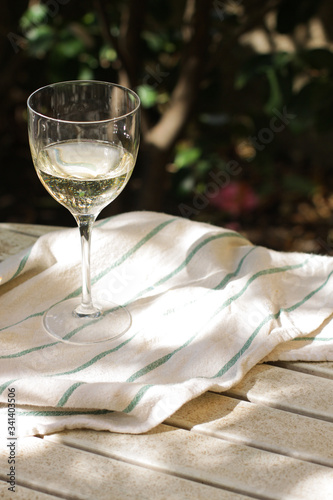 glass of white Italian wine in the garden close up 