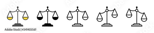 Scale icon. Set of scale justice icon on isolated background. Vector illustration