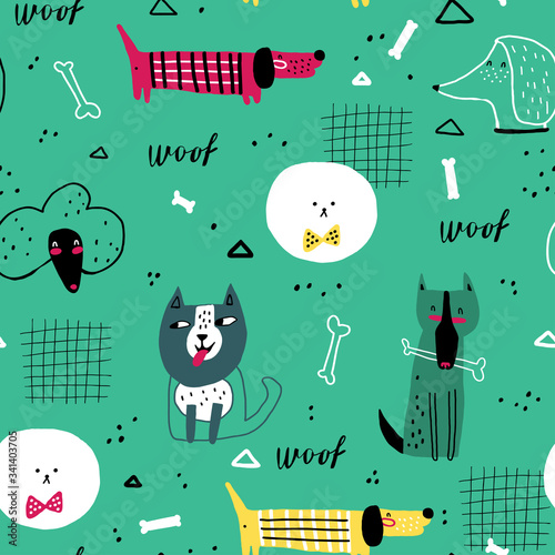 Cute seamless pattern with funny dogs. Creative childish texture for fabric, wrapping, textile, wallpaper, apparel. Vector illustration. Green background.