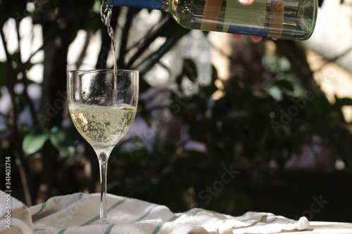 glass of white Italian wine in the garden close up 