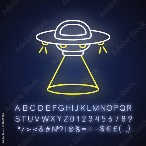 Science fiction neon light icon. Outer glowing effect. Sign with alphabet, numbers and symbols. Sci fi movies, popular futuristic fantasy films. UFO vector isolated RGB color illustration