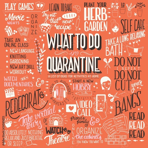 What to do in quarantine, typography hand lettering poster design, red and brown. List of activities at home, flat vector illustration