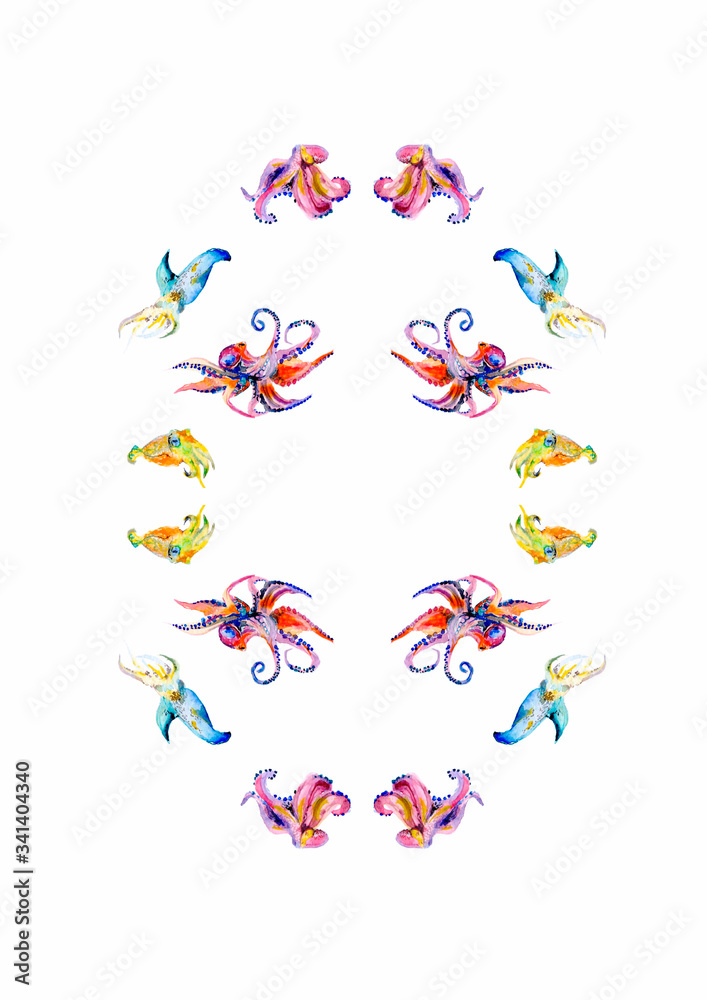 set of marine life. octopus, cuttlefish. watercolor. can be used as background, pattern, web, printing on postcards, books, textiles, fabric, clothes