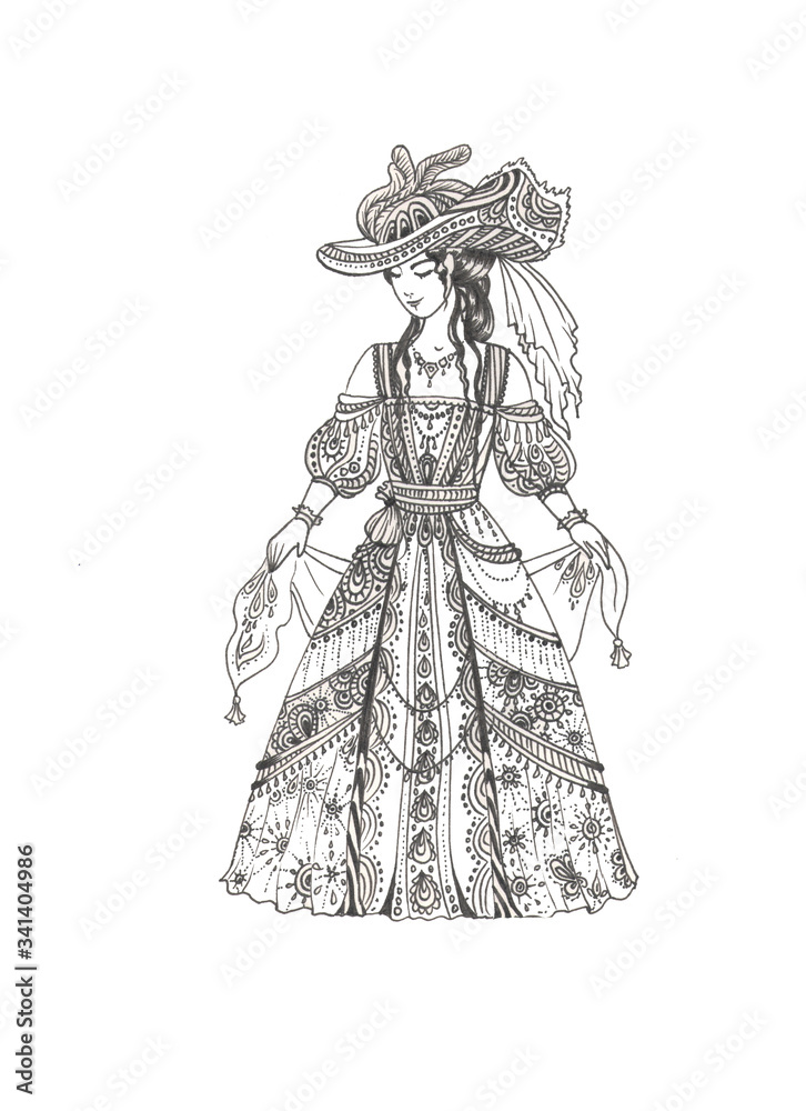 lady in vintage old-fashioned dress and broad-brimmed hat