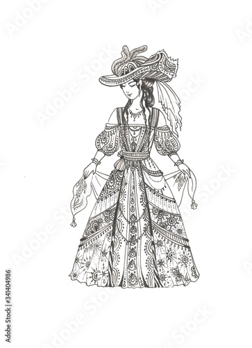 lady in vintage old-fashioned dress and broad-brimmed hat