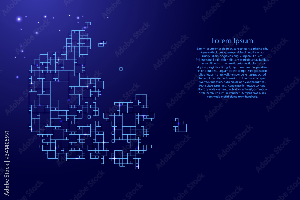 Denmark map from blue pattern from a grid of squares of different sizes and glowing space stars. Vector illustration.