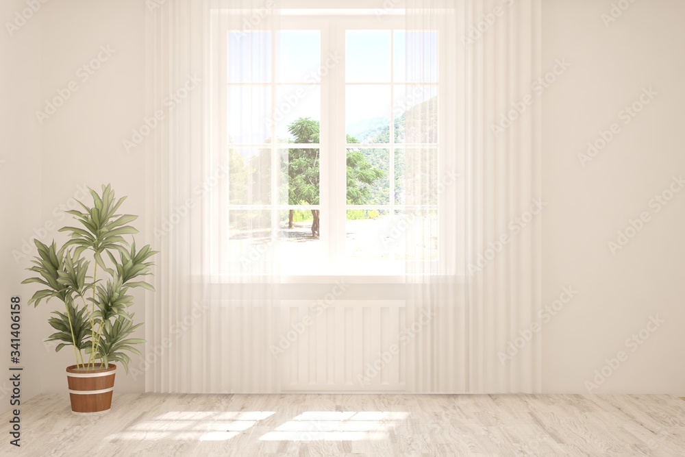 Fototapeta premium Stylish empty room in white color with summer landscape in window. Scandinavian interior design. 3D illustration