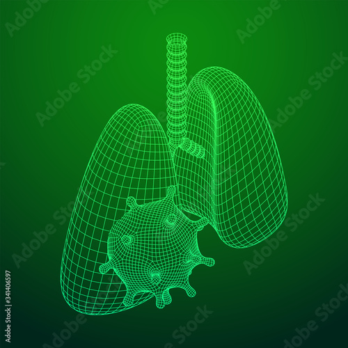 Corona Virus and Lungs with trachea bronchi internal organ human. Covid virus pulmonology medicine science concept. Wireframe low poly mesh vector illustration.