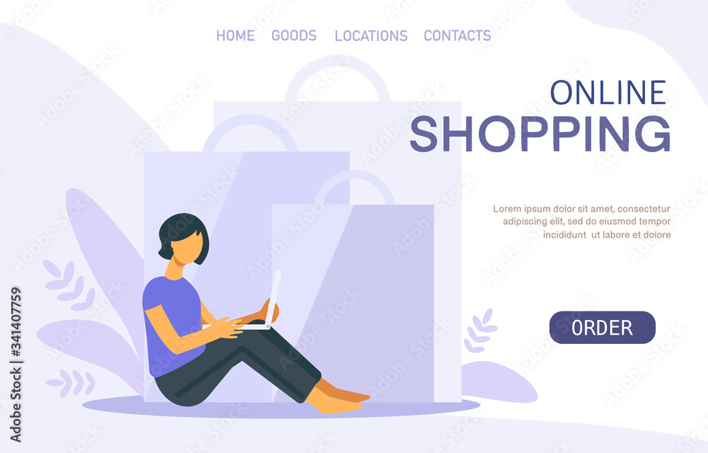 Flat design concept of Online Shopping with woman and laptop, order online, paper bags, leaves. Landing page template. Vector illustration Flat design concept of Online Shopping with woman and laptop, order online, paper bags, leaves. Landing page template. Vector illustration