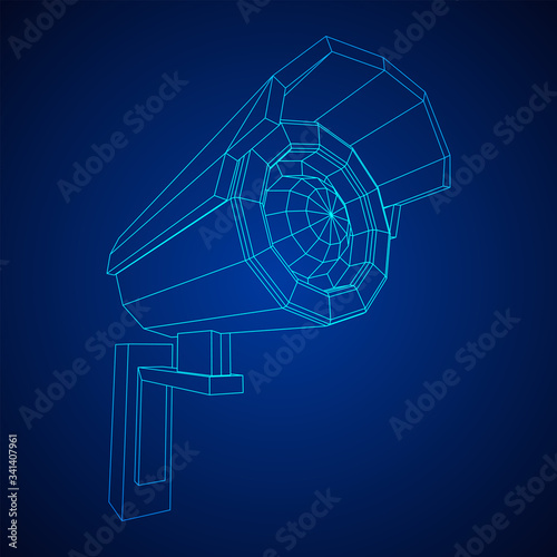Modern video camera. Webcam viewing area. Safety, security concept. Wireframe low poly mesh vector illustration.