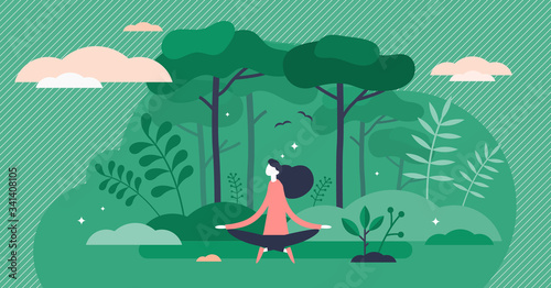 Forest bathing vector illustration. Nature therapy flat tiny person concept