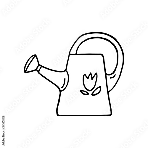 Hand drawn vector doodle illustration of  watering can with flower isolated on white background. Spring cares in the garden. Gardening tool design for card, banner, logo, print. 