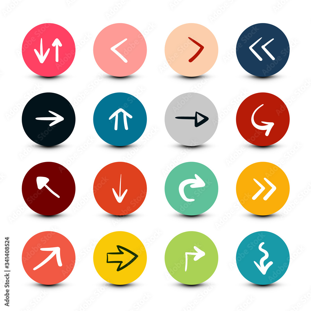 Hand Drawn Arrows in Colorful Circles Set Isolated on White Background Hand Drawn Arrows in Colorful Circles Set Isolated on White Background