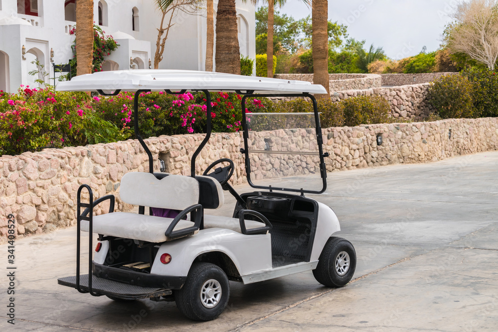 The Golf cart is parked next to a flower bed. The electric car is located near the tourist hotel. There is an empty pleasure car on the sidewalk.