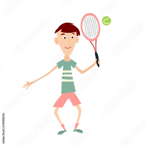 Flat Design Boy Cartoon Holding Racket Playing Tennis Isolated on White Background. Tennis Player Symbol.