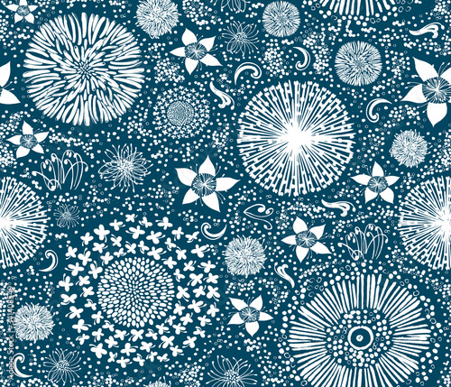 White flowers meadow background, Australian flora blue seamless pattern, top view, vector