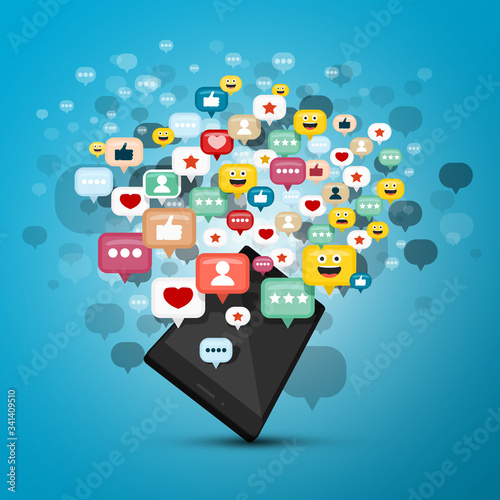 Abstract Black Mobile Phone with Social Media Icons on Blue Background. Social Networking Concept.