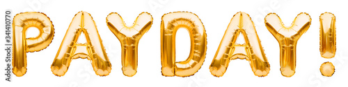 Golden words PAY DAY made of inflatable balloons isolated on white. Gold foil balloon letters. Accounting, banking, money, salary, budget and economy concept.