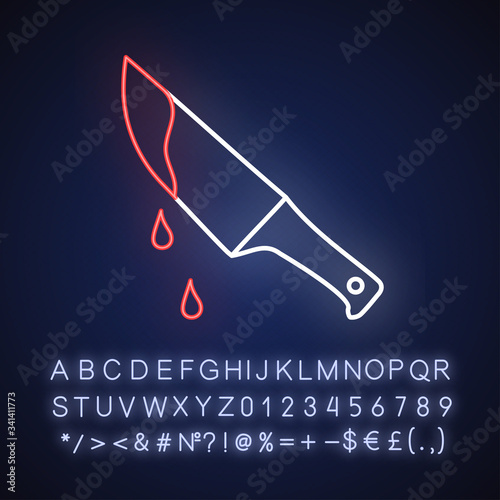 Thriller movie neon light icon. Outer glowing effect. Sign with alphabet, numbers and symbols. Suspenseful cinema genre, survival horror, action. Bloody knife vector isolated RGB color illustration
