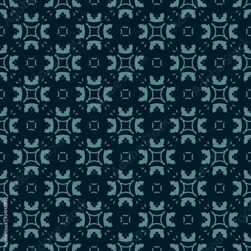 Vector abstract floral geometric ornament. Seamless pattern in black and teal colors. Elegant dark ornamental texture with flower shapes, small carved elements. Repeatable background. Oriental style