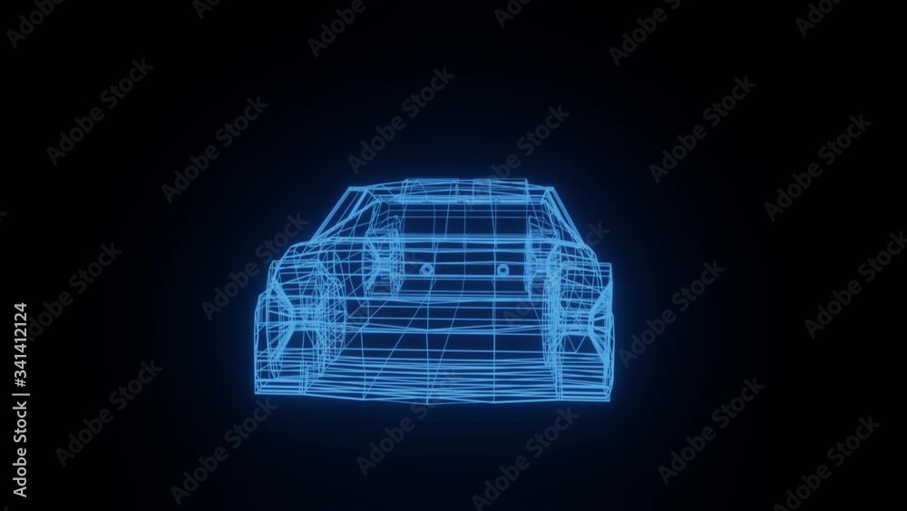 Render wireframe sports car rotating in a circle against a black background. Engineering concept