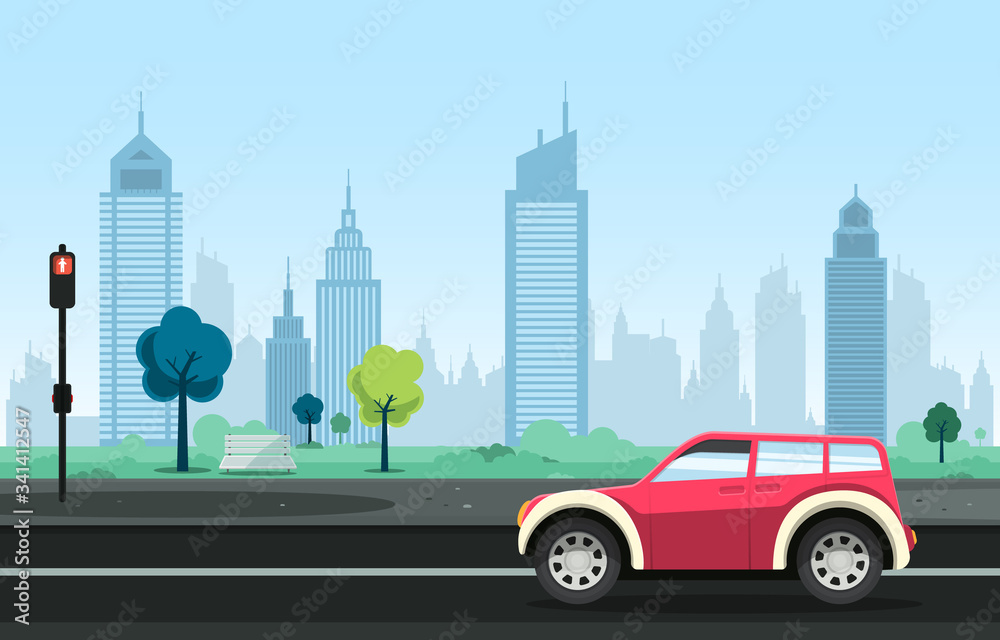 Car on Street with Modern City Park on Background. Vector Flat Design Illustration.