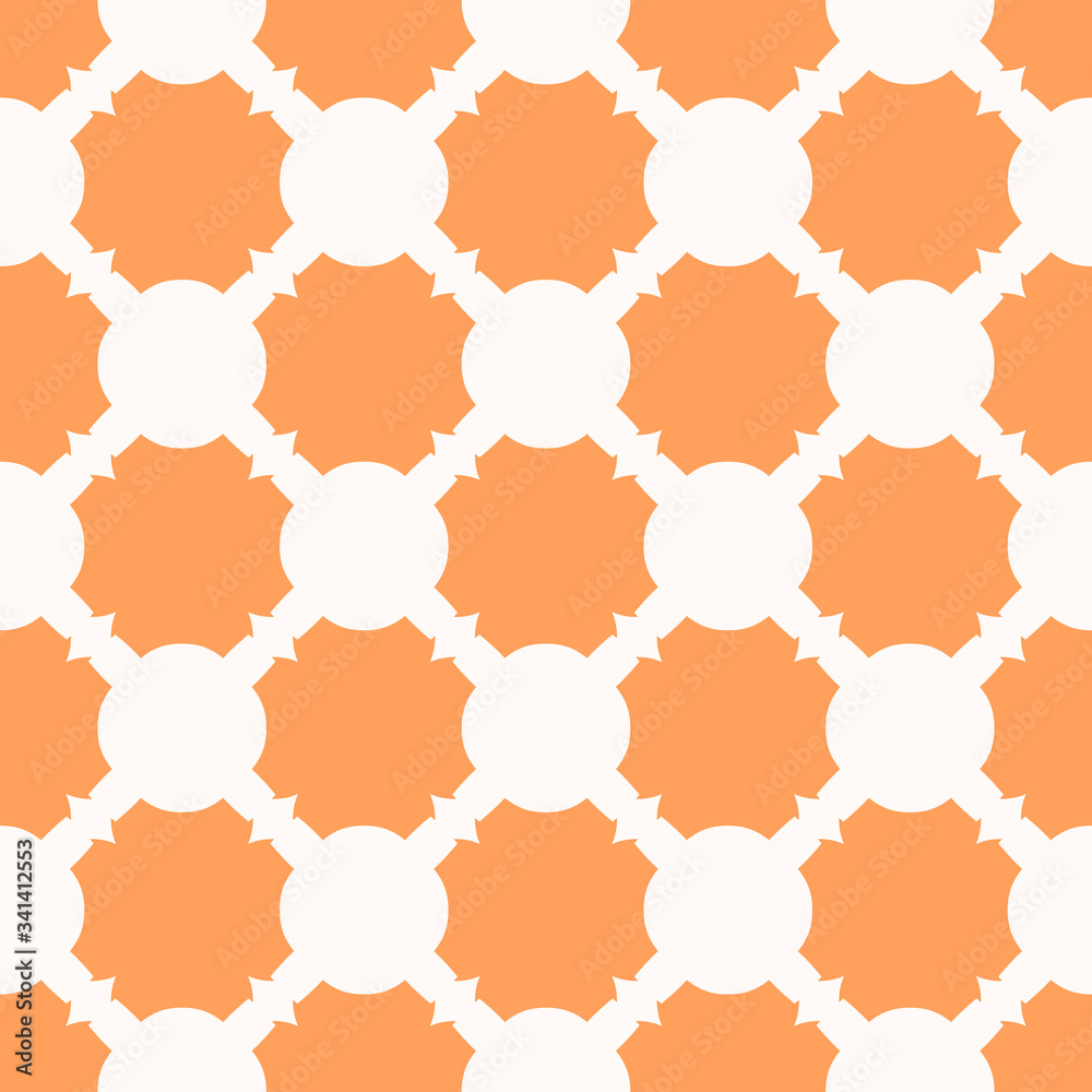 Vector geometric seamless pattern. Simple background with curved shapes, repeat tiles. Simple abstract ornamental texture in white and orange color. Elegant ornamental design for decor, textile, cloth Vector geometric seamless pattern. Simple background with curved shapes, repeat tiles. Simple abstract ornamental texture in white and orange color. Elegant ornamental design for decor, textile, cloth