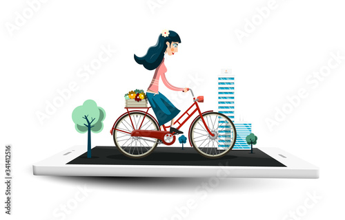 Woman Riding Bicycle with Modern City Buildings and Trees on Mobile Phone. Rent Bike Concept. Healthy Lifestyle with GPS Navigation Design.