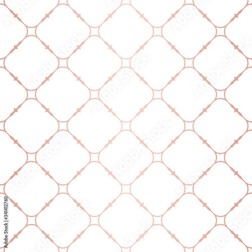 Rose gold geometric seamless pattern. Vector metallic copper lines on white background. Golden ornament with square grid, lattice, net, mesh. Abstract ornate graphic texture. Luxury repeatable design