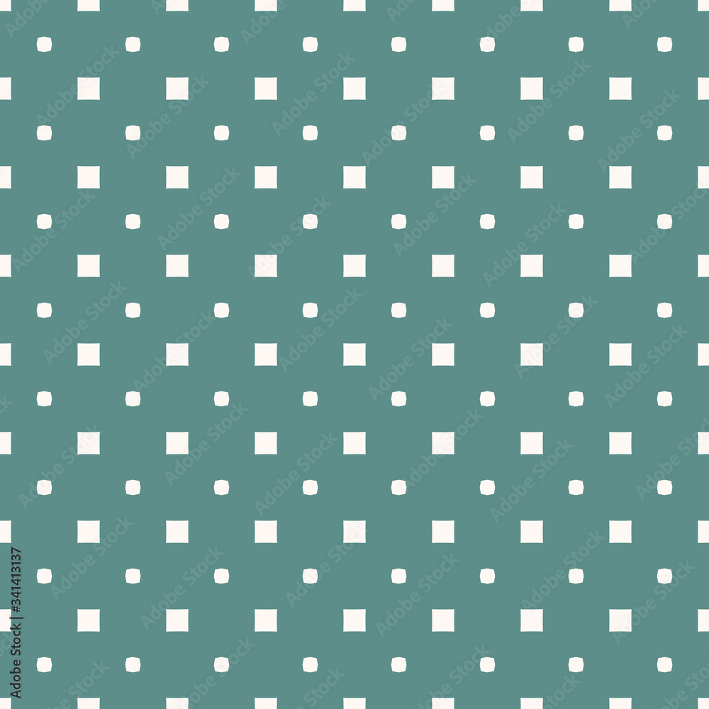 Simple vector minimalist seamless pattern. Subtle abstract geometric background with small squares, circles, dots. Minimal texture in turquoise green and white color. Repeat design for decor, textile Simple vector minimalist seamless pattern. Subtle abstract geometric background with small squares, circles, dots. Minimal texture in turquoise green and white color. Repeat design for decor, textile