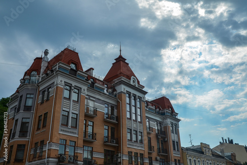 Beautiful multi-colored luxury houses in a classic style of elite city district Vozdvizhenka. Kiev, Ukraine Architecture
