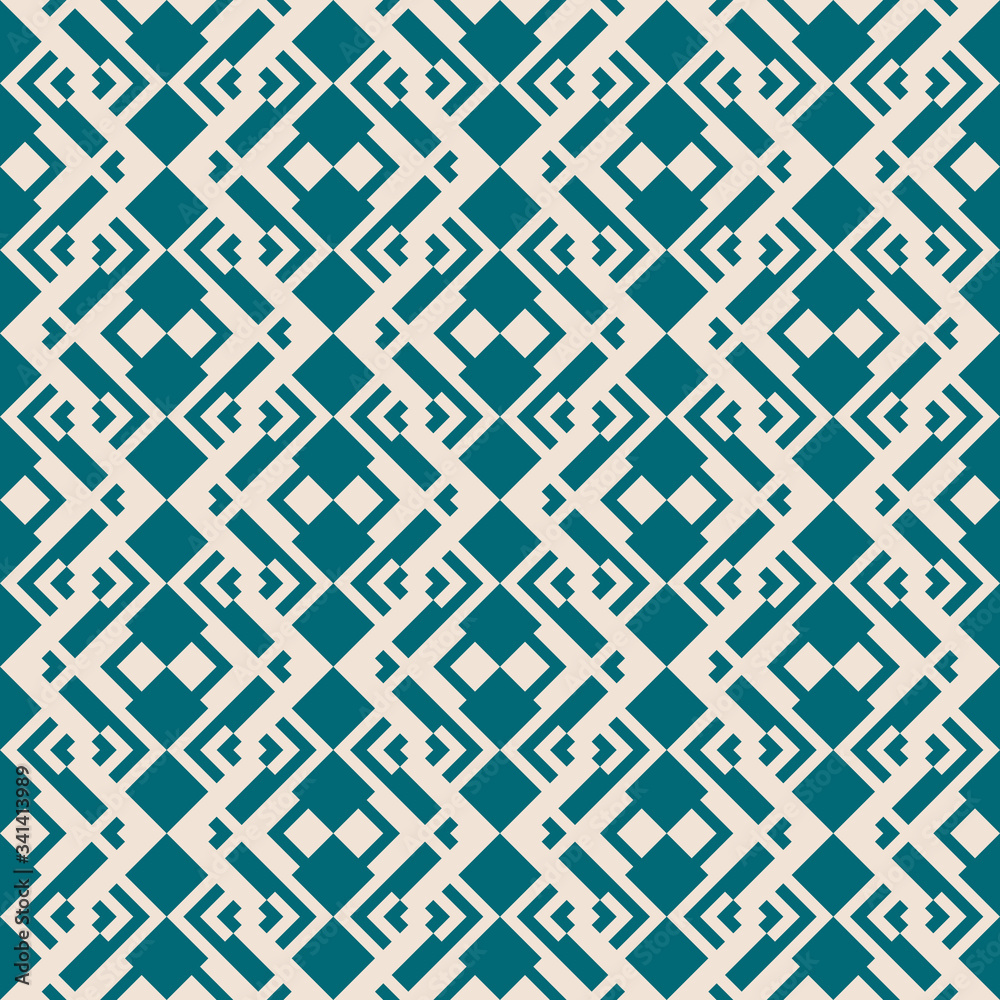 Abstract geometric seamless pattern. Vector background in teal and beige color. Ethnic tribal motif. Simple ornament with rhombuses, diamond shapes, grid. Elegant graphic texture. Repeat geo design