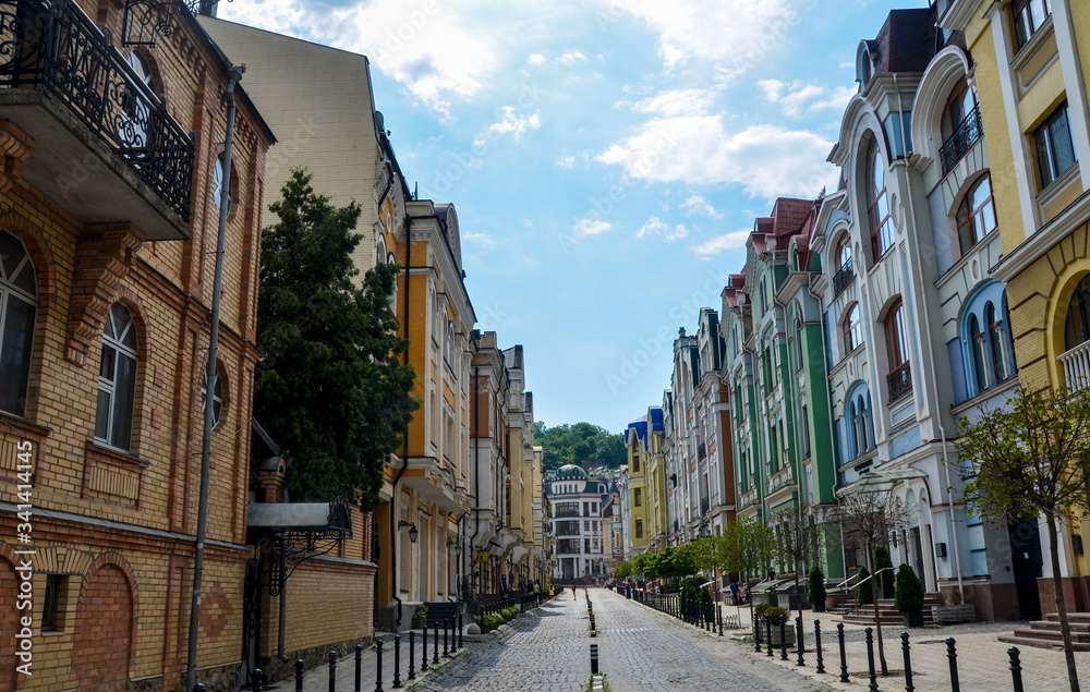 Beautiful multi-colored luxury houses in a classic style of elite city district Vozdvizhenka. Kiev, Ukraine Architecture