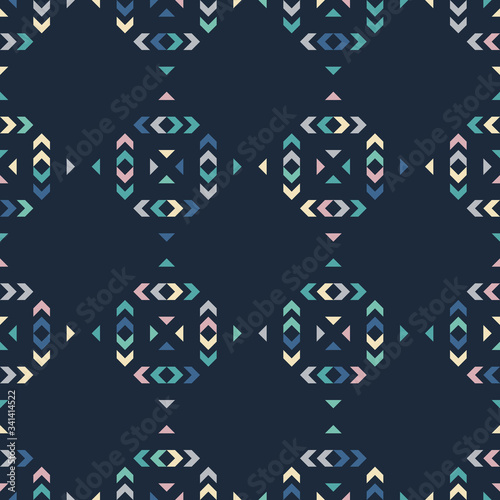 Vector geometric seamless pattern. Abstract texture with squares, triangles, arrows, repeat tiles. Tribal ethnic motif. Folkstyle repeat ornament in navy blue, turquoise green, pink, yellow color