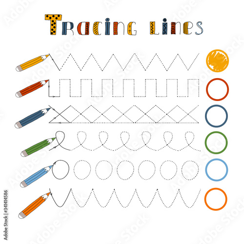 Connect the points from left to right. Exercises for handwriting skills and for developing motor skills. Trace line worksheet for kids. Fill the circles with the color of the outline.