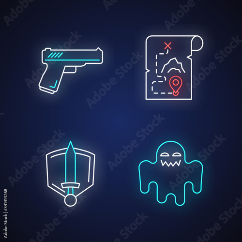 Common movie genres neon light icons set. Action, adventure, history epic and horror films signs with outer glowing effect. Popular cinematography categories. Vector isolated RGB color illustrations