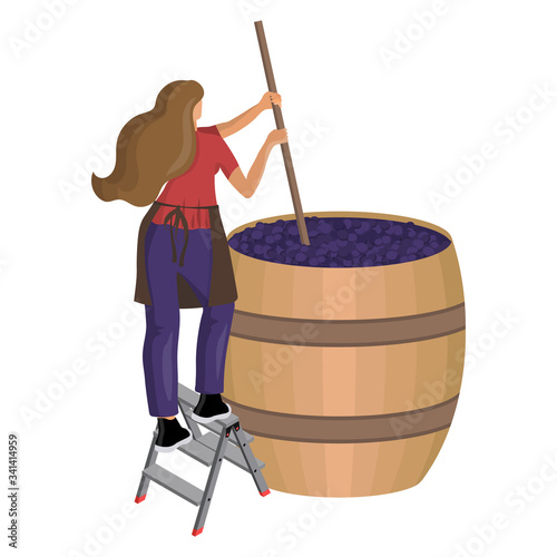 Female winemaker mixes and shakes grape pulp in large wooden vat. Winemaking, batonnage, maceration, fermentation. Craft traditional wine making. Cartoon vector illustration. Isolated object on white