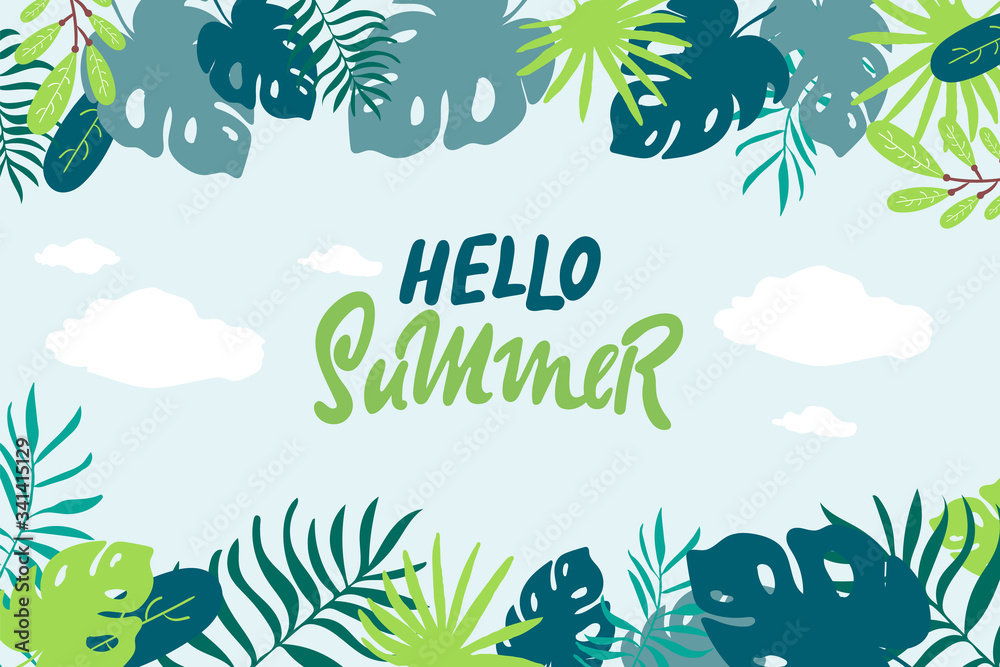 Vector tropical jungle background with palm trees and leaves. hand drawing. Tropical leaves. Floral design background. Vector tropical jungle background with palm trees and leaves. hand drawing. Tropical leaves. Floral design background.