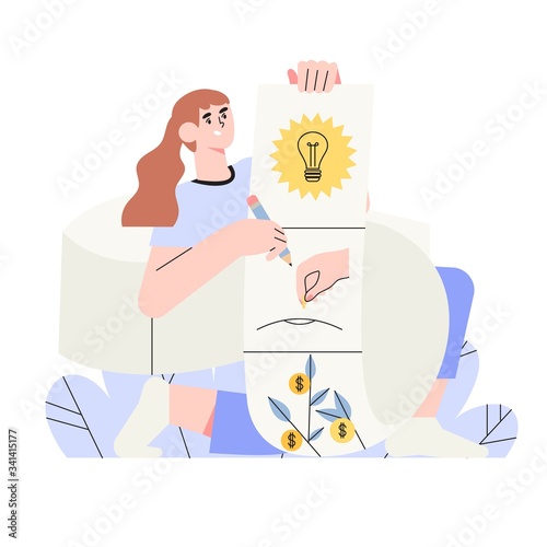Woman holds schematic plan of a storyboard for digital storytelling or animation. Vector illustration for business or social media, ui, banner, landing page. Story of business or start up growth.