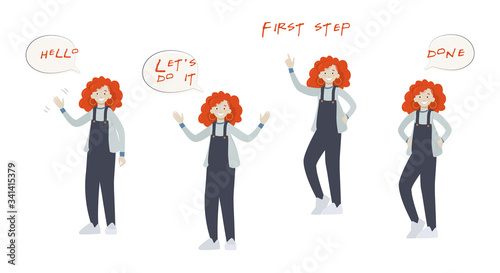 Cartoon happy girl in overalls in various poses. Illustration instruction with steps. To complete courses, assignments, or games