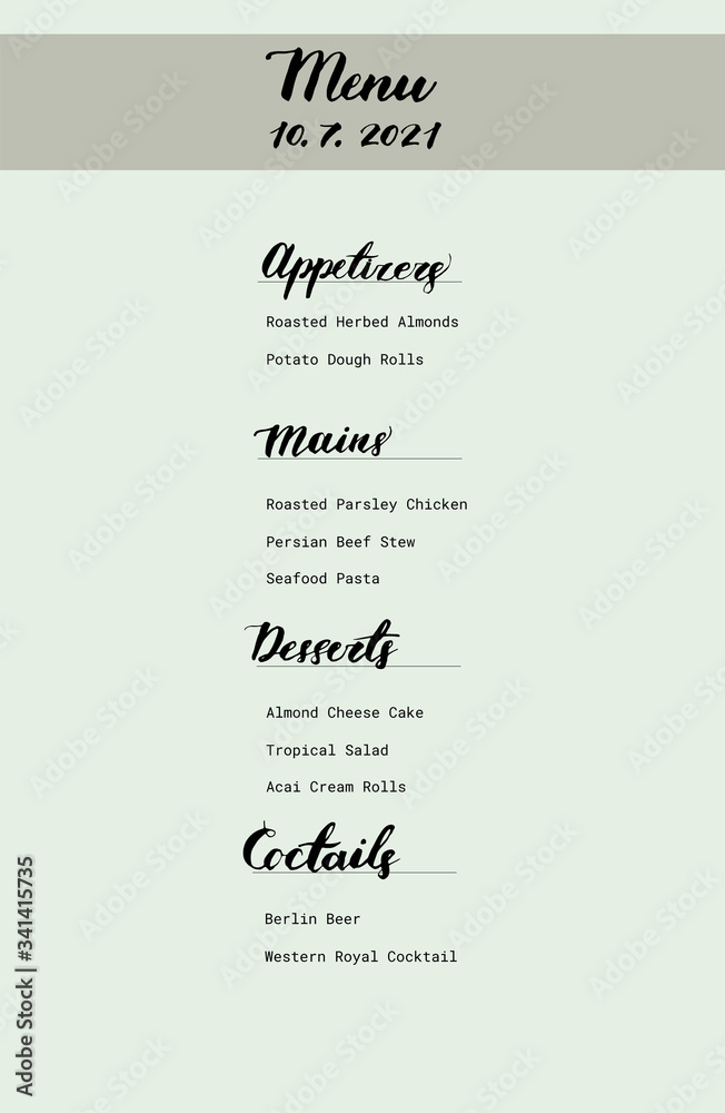 Birthday vector menu tepmlate design. with hand-drawn lettering graphic. Cocktails, mains, desserts, appetizers.
