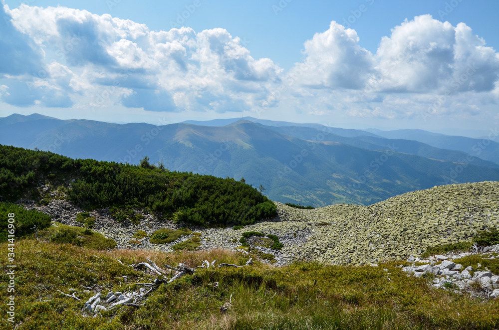 Hills, slopes and mountains - summer natural landscape. View of the Carpathian Mountains from the top of Mount Strymba Hills, slopes and mountains - summer natural landscape. View of the Carpathian Mountains from the top of Mount Strymba