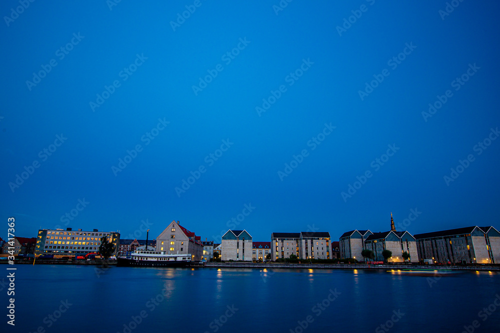 Blue hour view of old historical buildings in Copenhagen