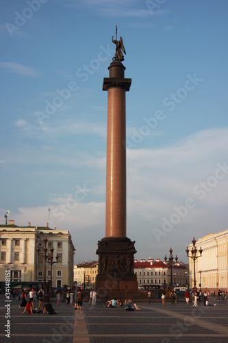 Saint Petersburg, Russia : June 2019 -Palace square architecture with Alexander column and historic buildings on summer day. Vintage style postcard of Saint Petersburg cityscape with main city square. © Светлана Кокорина