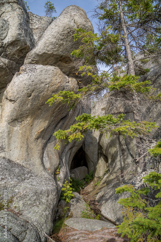 Lökgrottan, a cave whose entrance resembles the shape of an onion inside the Smitingen-Härnöklubb Nature Reserve, Harnosand, Sweden.
