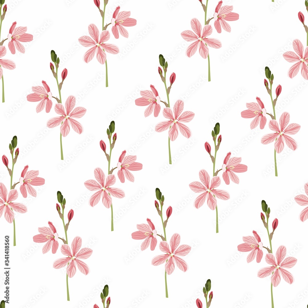 Seamless pattern with bright summer wild garden flowers. Endless vertical texture. Pink flowers on white background.