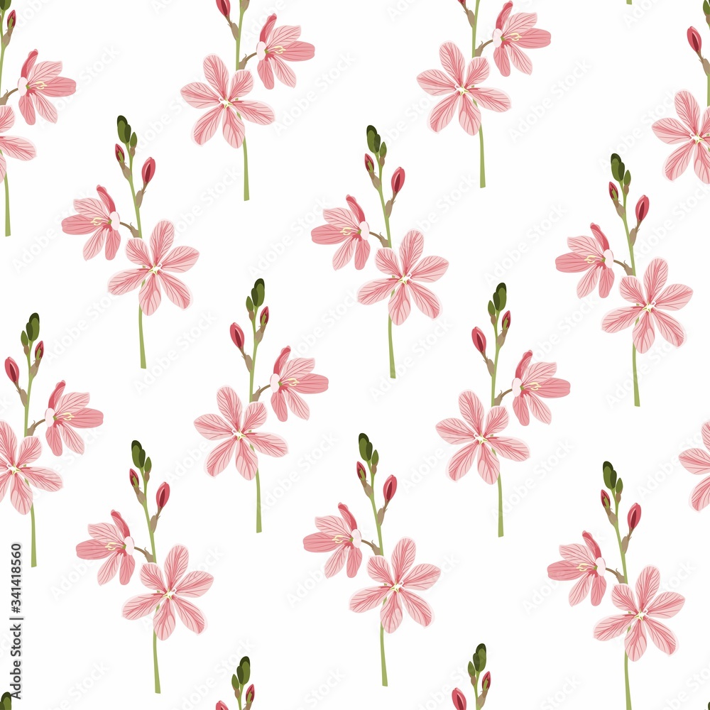 Seamless pattern with bright summer wild garden flowers. Endless vertical texture. Pink flowers on white background. Seamless pattern with bright summer wild garden flowers. Endless vertical texture. Pink flowers on white background.