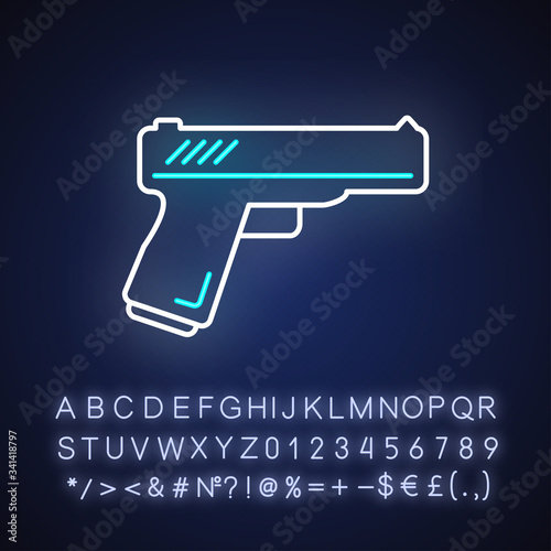 Action flick neon light icon. Outer glowing effect. Sign with alphabet, numbers and symbols. Popular movie genre, common cinema category. Handgun, weapon vector isolated RGB color illustration