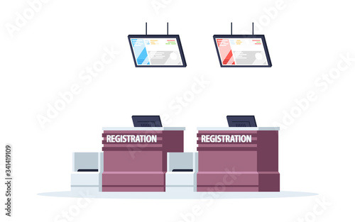 Airport registration counter semi flat RGB color vector illustration. Document control before plane boarding. Ticket check. Empty reception desk isolated cartoon object on white background